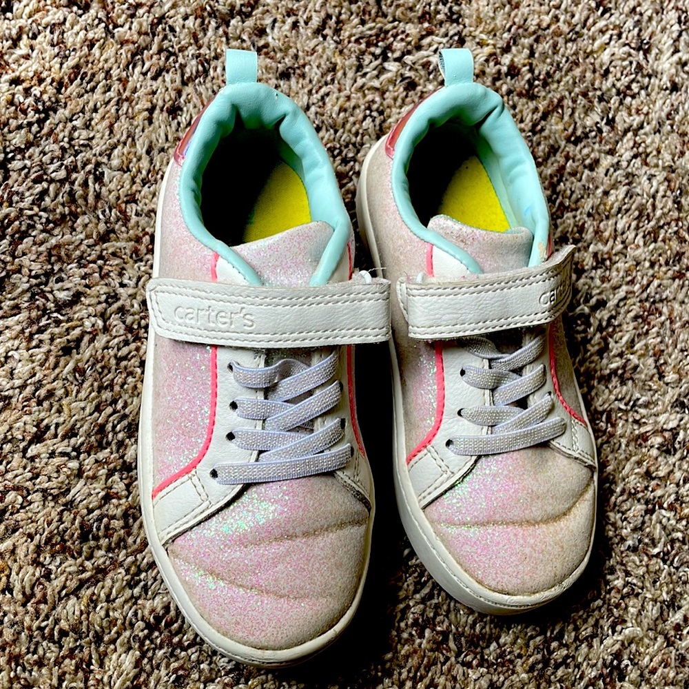 Carters Girls Tennis Shoes White glitter Size 10 Hook & Loop Closure